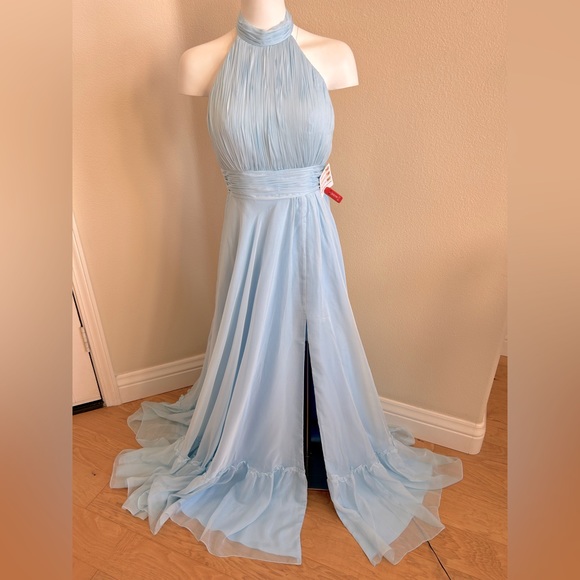 Mac Duggal Sky Blue High Neck Tiered Chiffon Halter Maxi Gown size 2 Formal - Picture 5 of 10